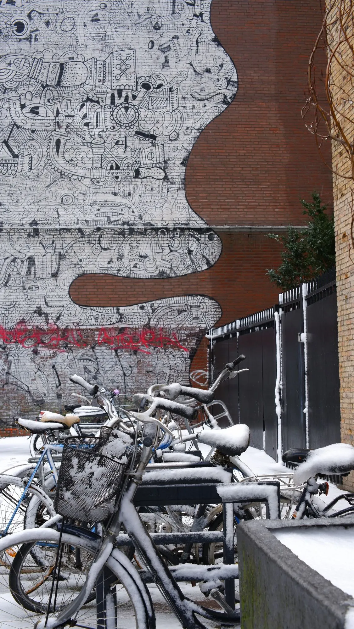 Bicyclces in front of mural of a face