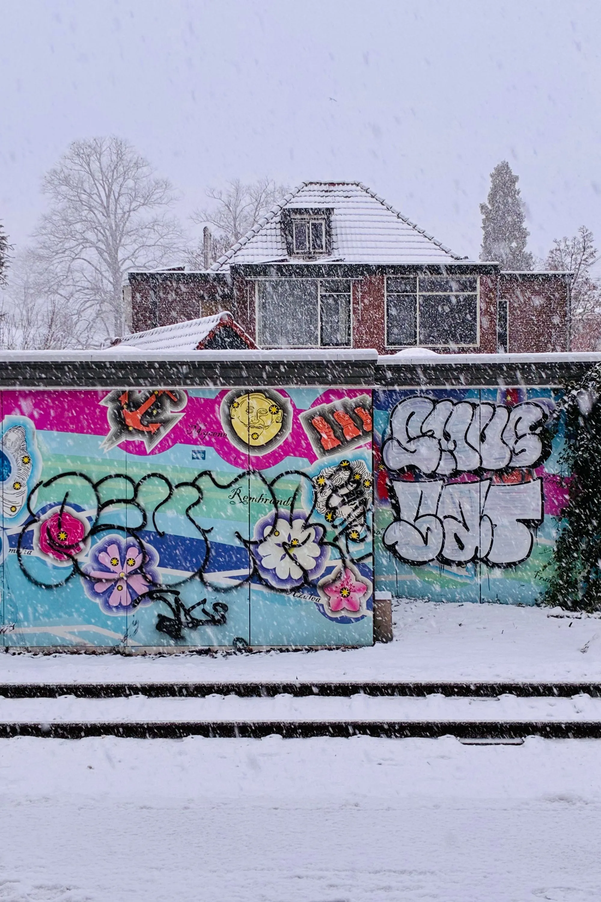 Grafitti'd wall in a snow storm