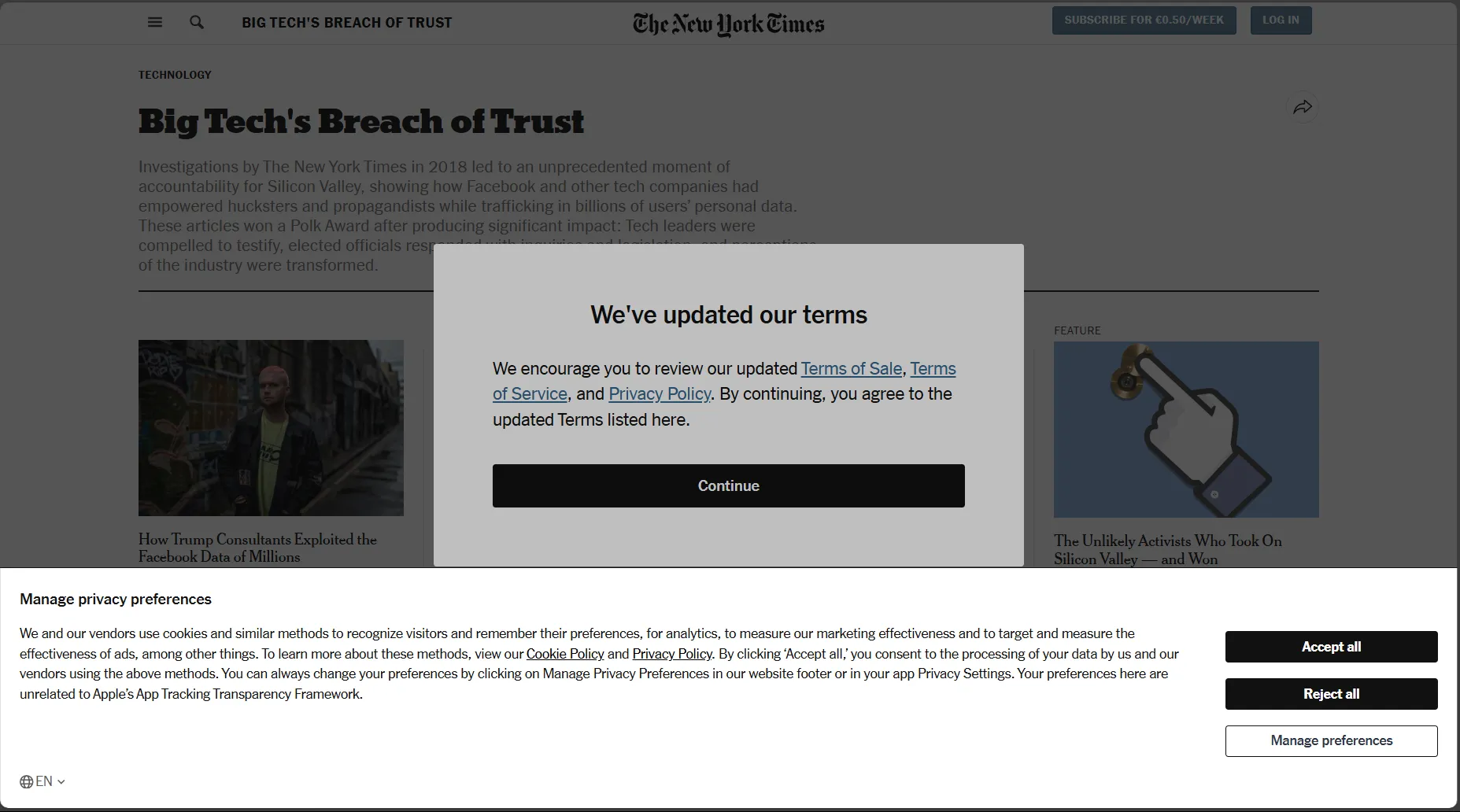 Cookie banner covering New York Times article on big tech's breach of trust