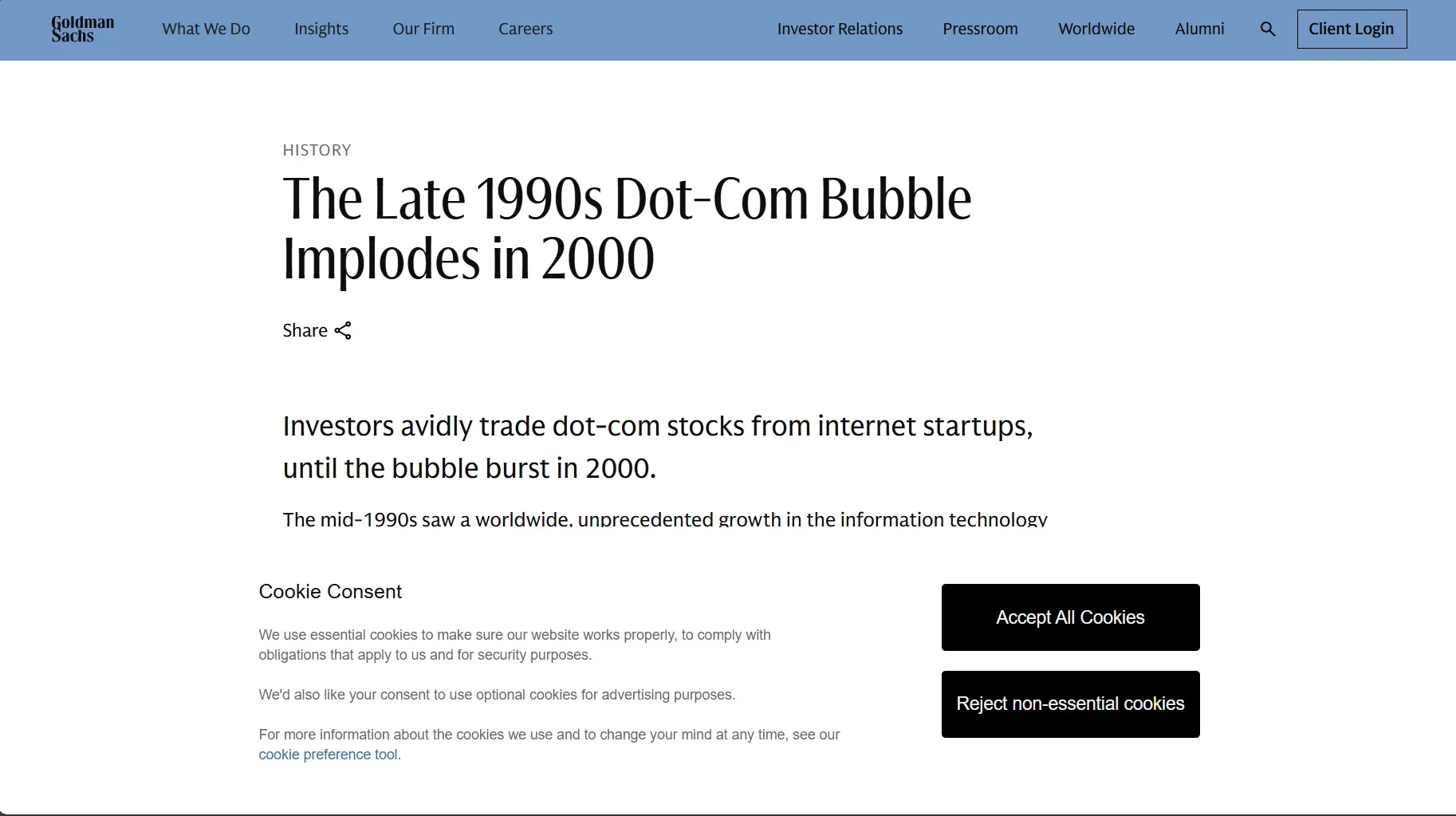 Goldman Sachs article about the dotcom bubble covered by a cookie banner