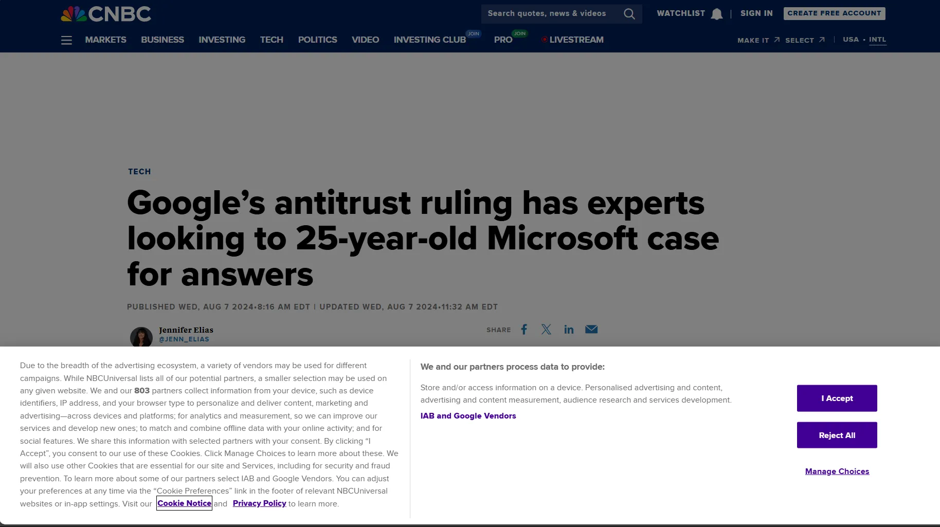 CNBC article of Google antitrust case covered by cookie banner