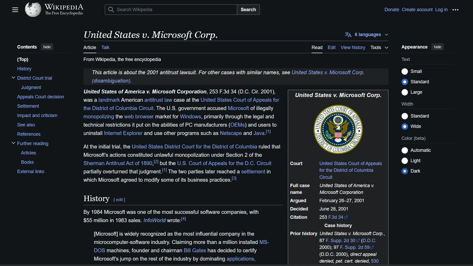 Microsoft vs US Gov Wikipedia page