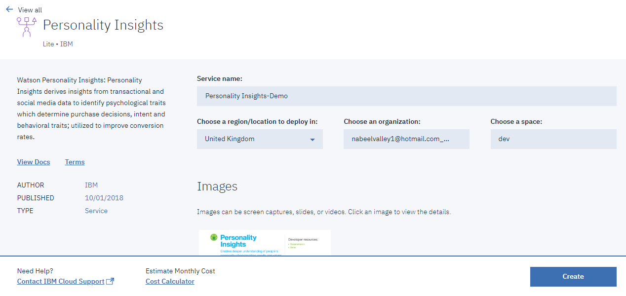 Personality Insights Service Creation
