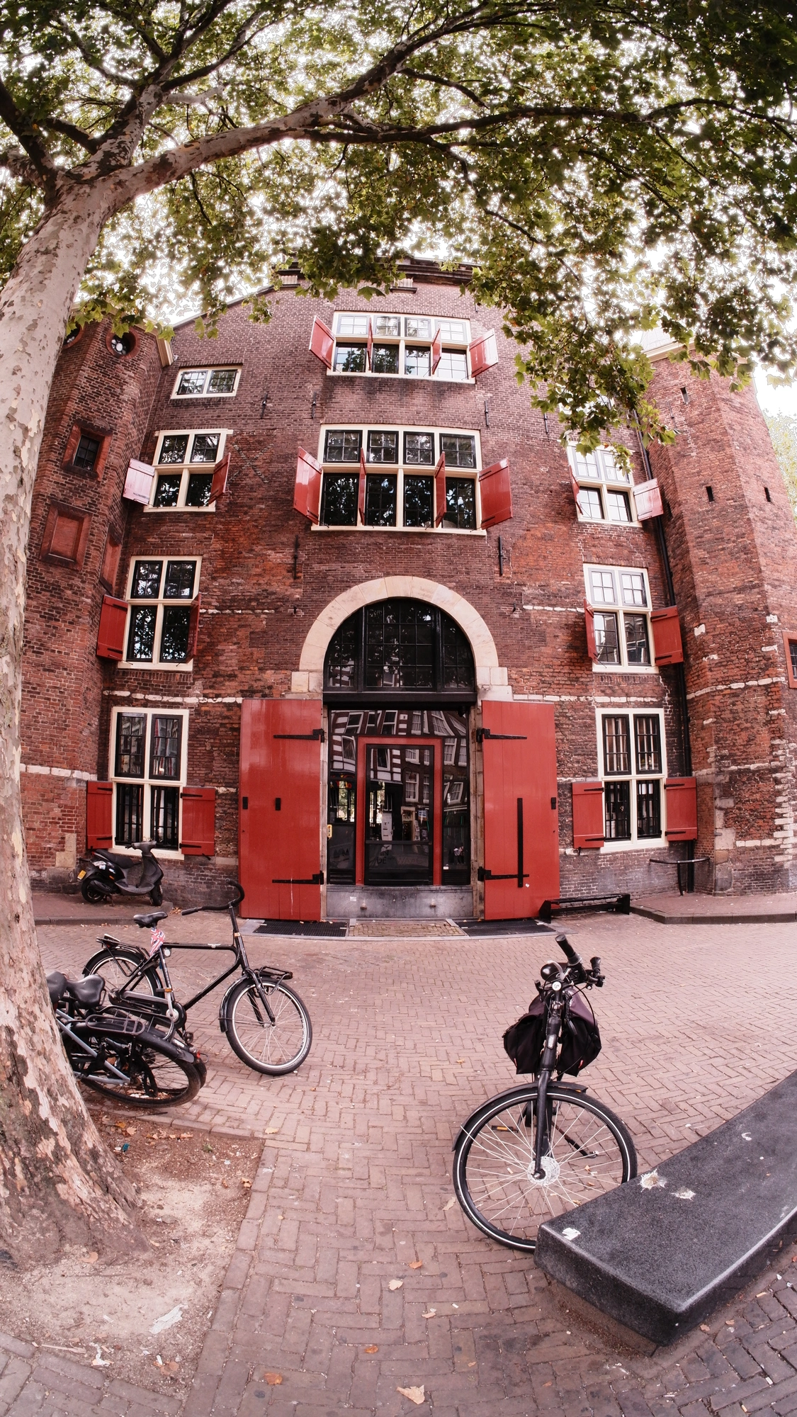 Old building with red doors framed by tree with bokes parked in front of it