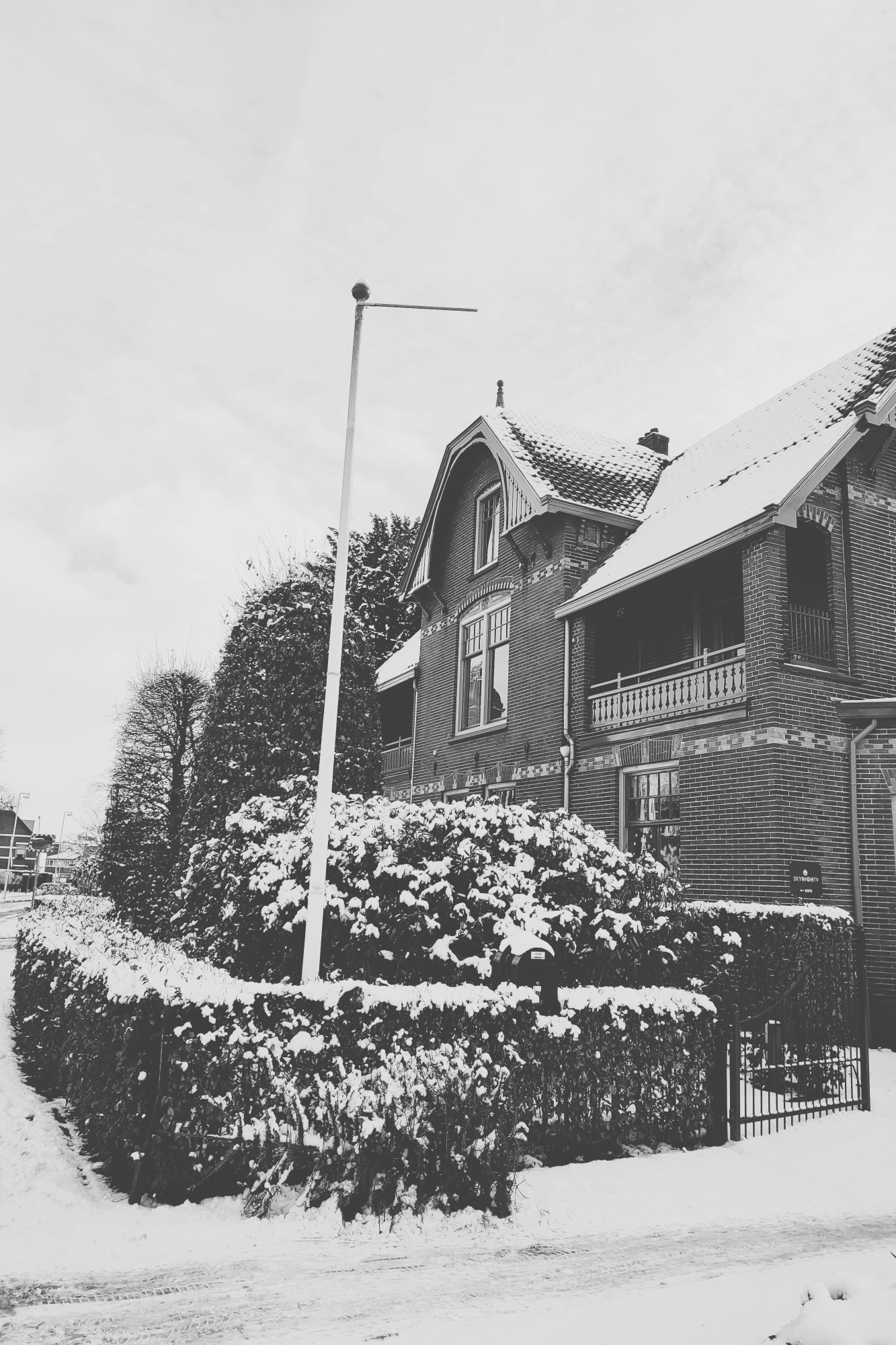 2024-01-16 - redmi - bw - NL - Building and plants covered in snow