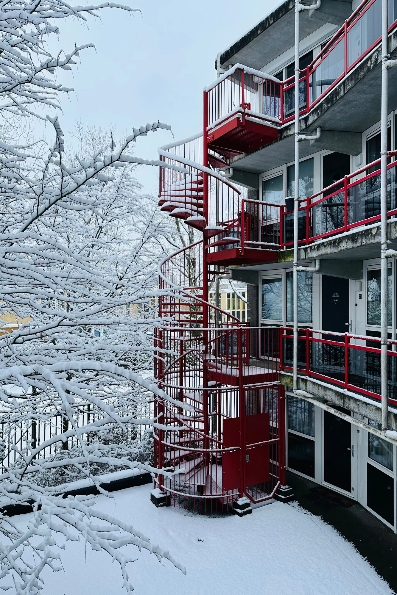 Apartment building with red staircase and snow-covered tree.J
